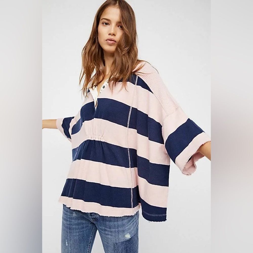 NWT FREE PEOPLE Yuki Oversize Cotton Striped Polo. Size Medium - Picture 2 of 8